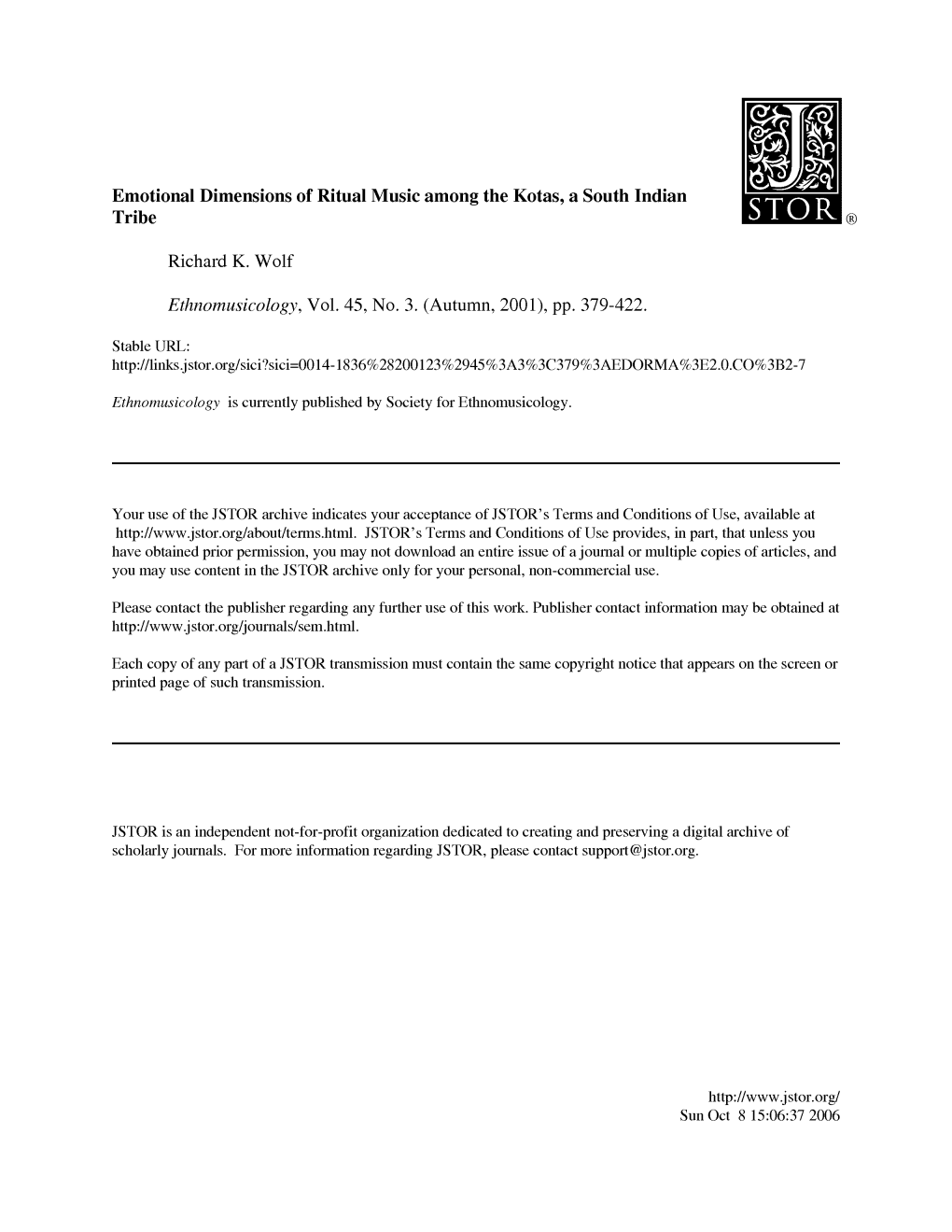 Emotional Dimensions of Ritual Music Among the Kotas, a South Indian Tribe 1Iiiiiiil..1Iiiiii@