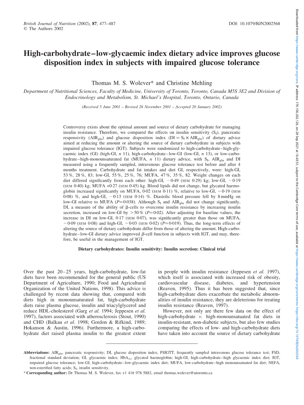 High-Carbohydrate–Low-Glycaemic Index Dietary Advice Improves Glucose Disposition Index in Subjects with Impaired Glucose Tolerance