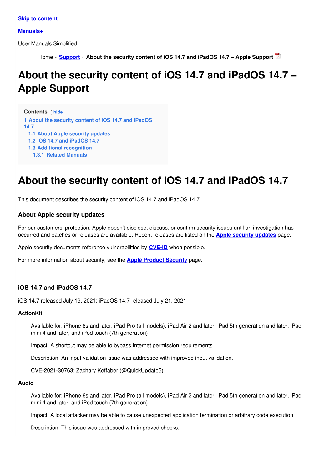 About the Security Content of Ios 14.7 and Ipados 14.7 – Apple Support