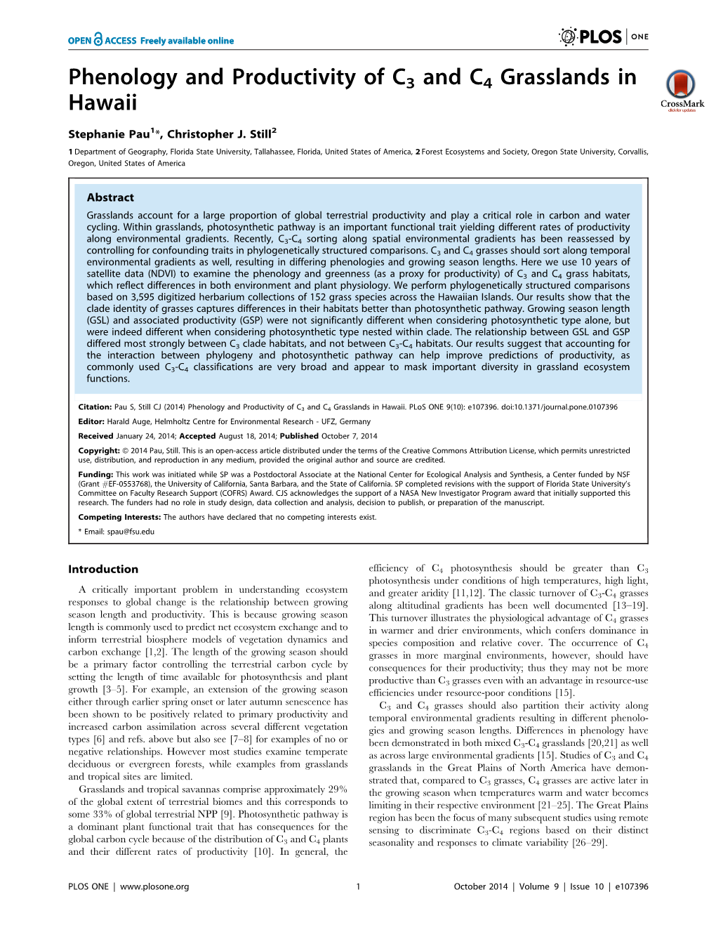 Phenology and Productivity of C3 and C4 Grasslands in Hawaii