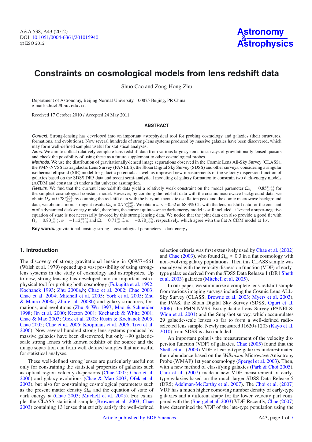 Constraints on Cosmological Models from Lens Redshift Data