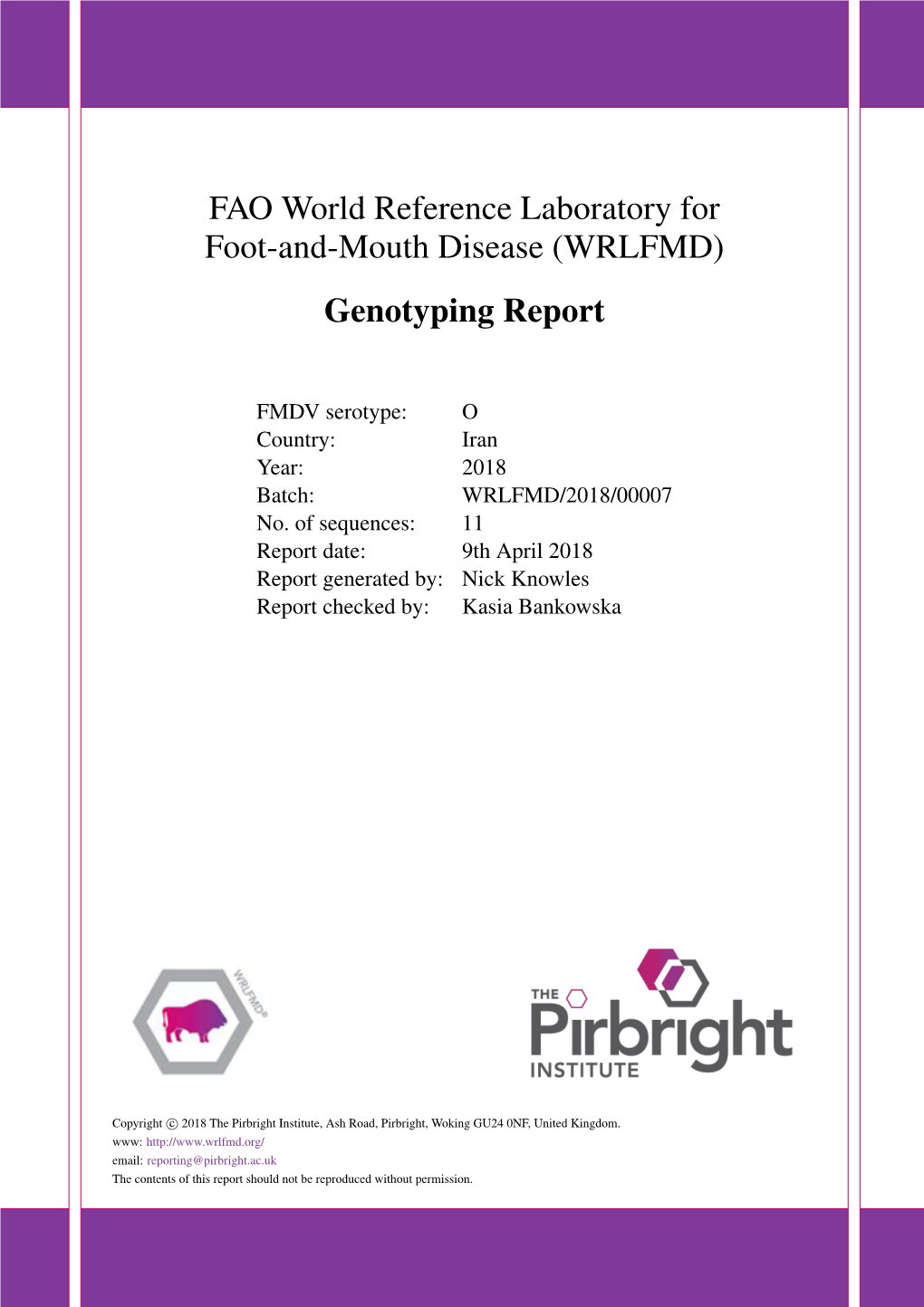 FAO World Reference Laboratory for Foot-And-Mouth Disease (WRLFMD) Genotyping Report