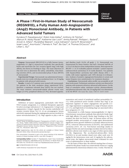 REGN910), a Fully Human Anti–Angiopoietin-2 (Ang2) Monoclonal Antibody, in Patients with Advanced Solid Tumors Kyriakos P