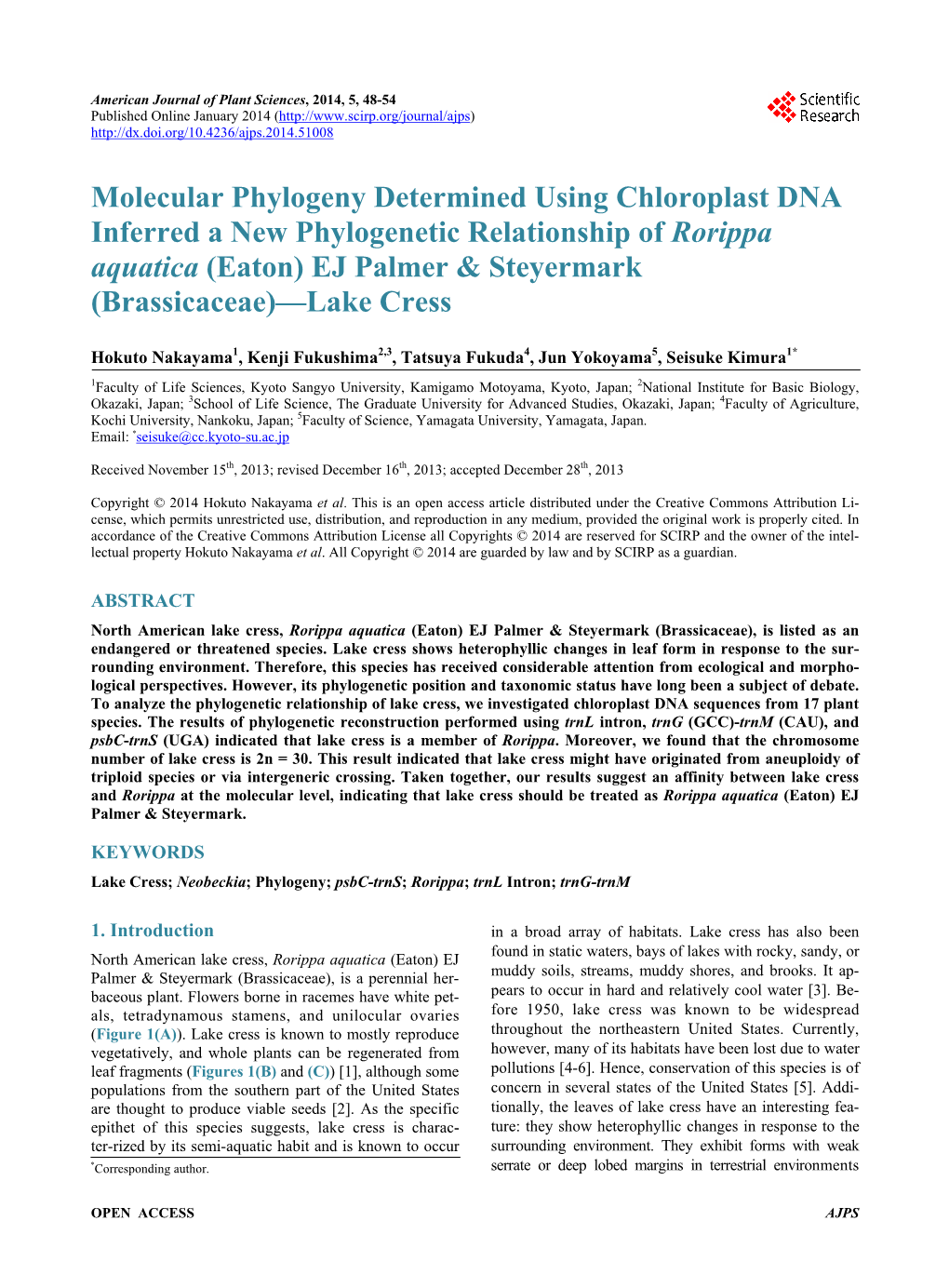 Molecular Phylogeny Determined Using Chloroplast