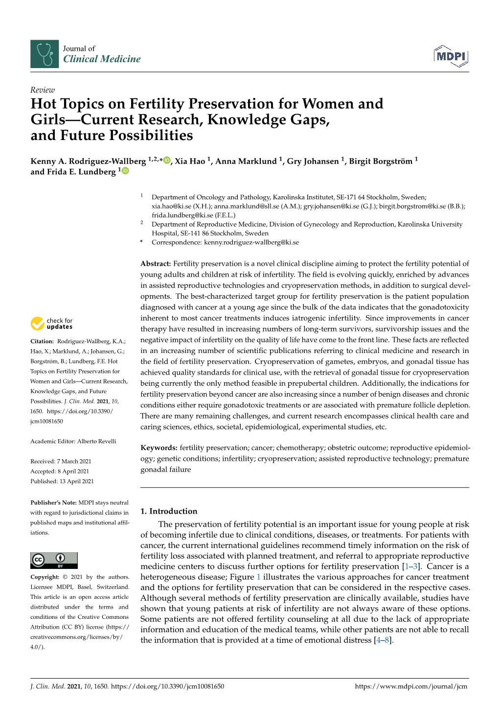 Hot Topics on Fertility Preservation for Women and Girls—Current Research, Knowledge Gaps, and Future Possibilities