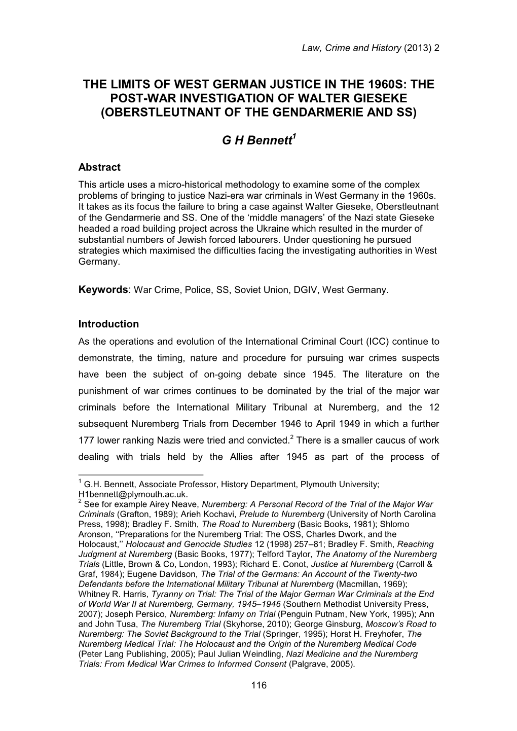 The Limits of West German Justice in the 1960S: the Post-War Investigation of Walter Gieseke (Oberstleutnant of the Gendarmerie and Ss)