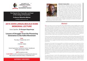 2019 John Langalibalele Dube Memorial Lecture