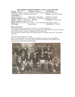 KEYWORTH UNITED FOOTBALL CLUB - Season 1952-1953 President: H Mills, JP Chairman: a Ridgeway