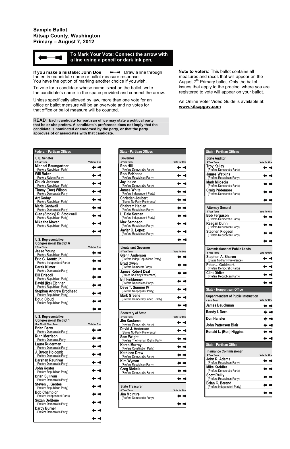 Sample Ballot Kitsap County, Washington Primary – August 7, 2012