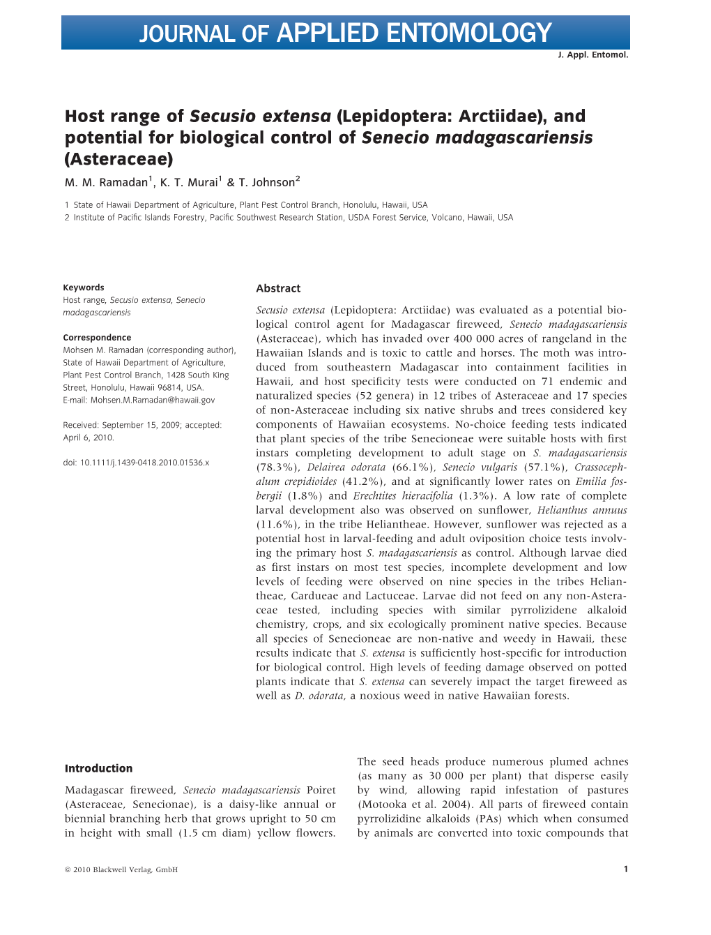 Lepidoptera: Arctiidae), and Potential for Biological Control of Senecio Madagascariensis (Asteraceae) M