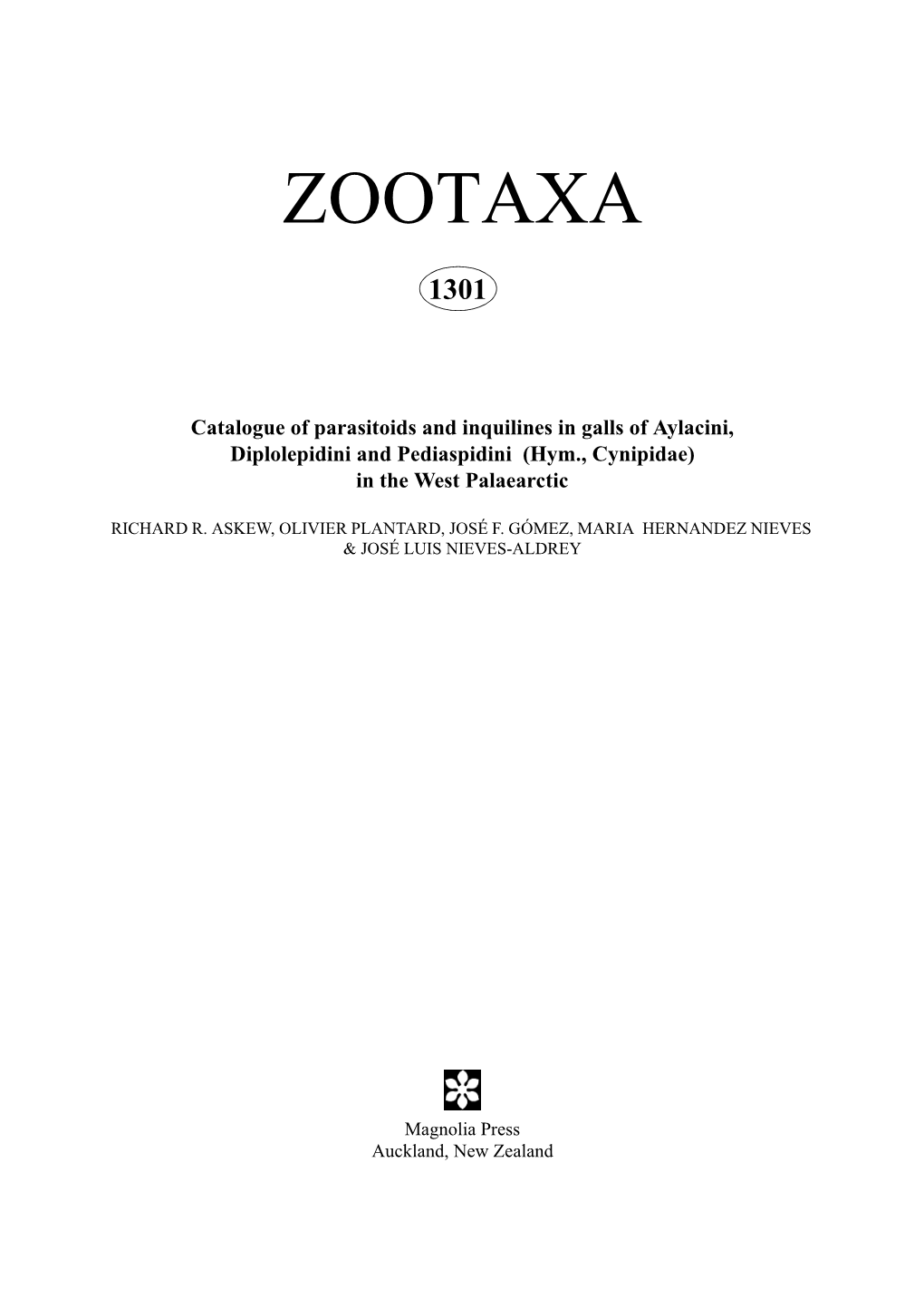 Zootaxa: Catalogue of Parasitoids and Inquilines in Galls of Aylacini