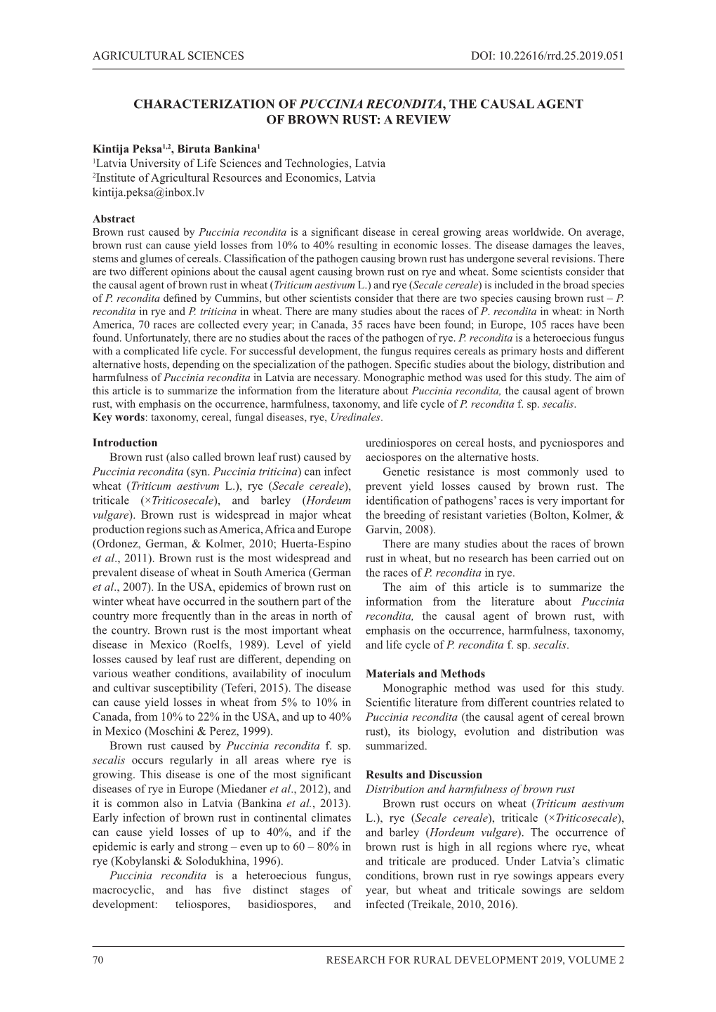 Characterization of Puccinia Recondita, the Causal Agent of Brown Rust: a Review