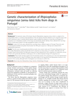 Genetic Characterization of Rhipicephalus Sanguineus (Sensu Lato) Ticks from Dogs in Portugal
