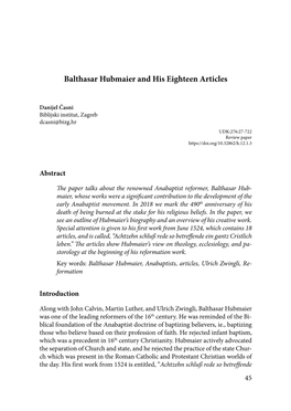 Balthasar Hubmaier and His Eighteen Articles