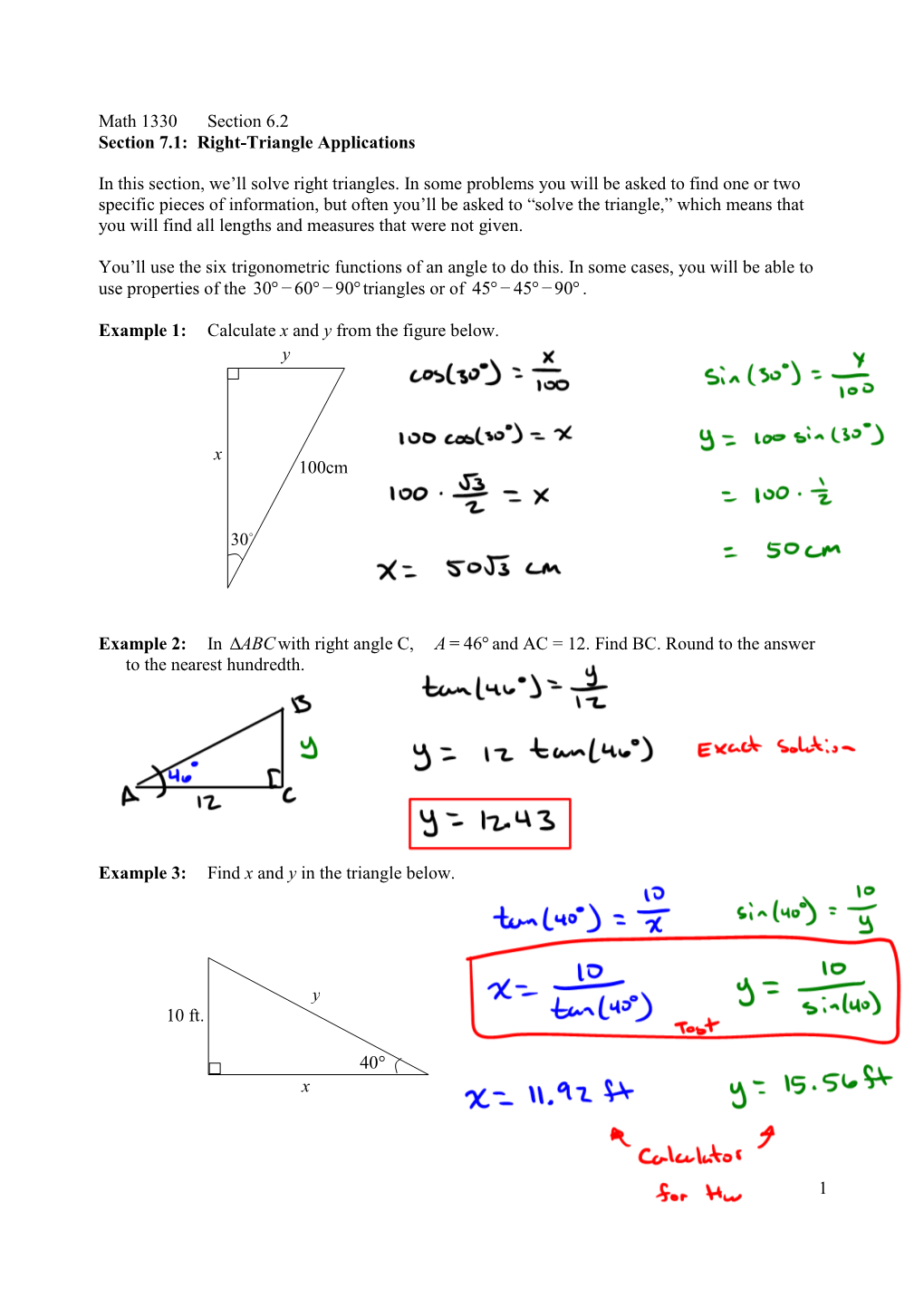 Math 1330 Section 6.2 1 Section 7.1: Right-Triangle Applications in This Section, We'll Solve Right Triangles. in Some Proble