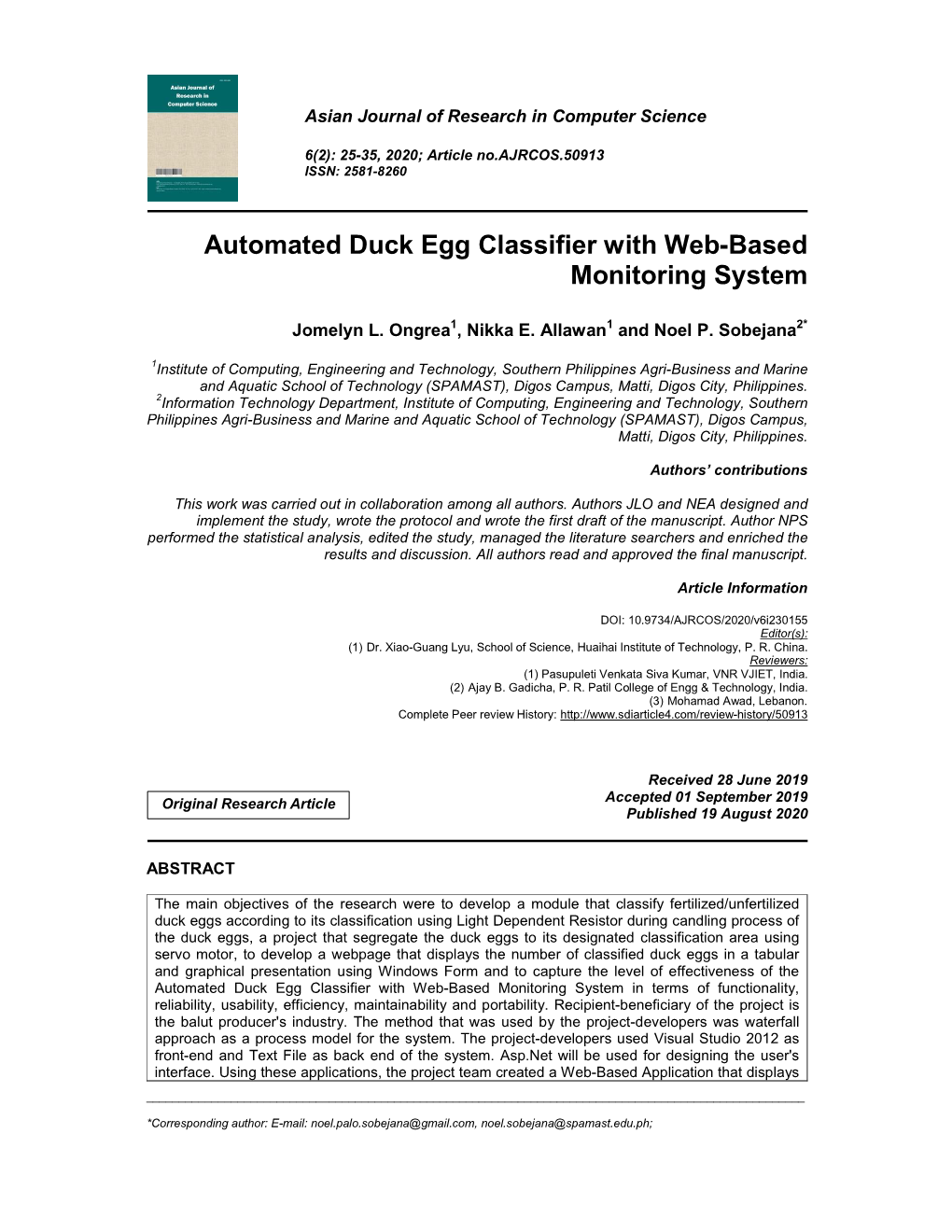 Automated Duck Egg Classifier with Web-Based Monitoring System