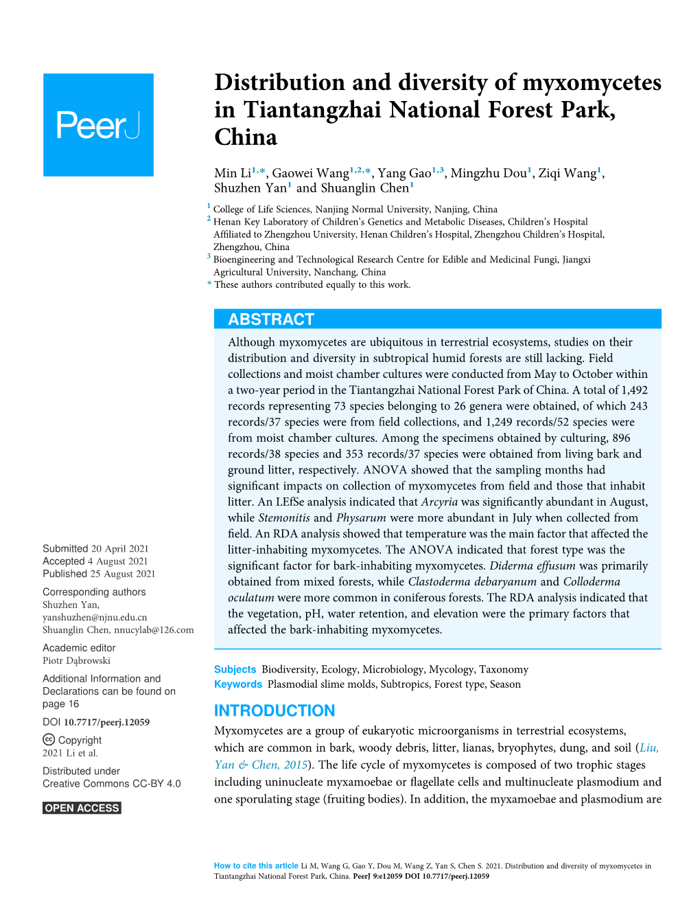 Distribution and Diversity of Myxomycetes in Tiantangzhai National Forest Park, China
