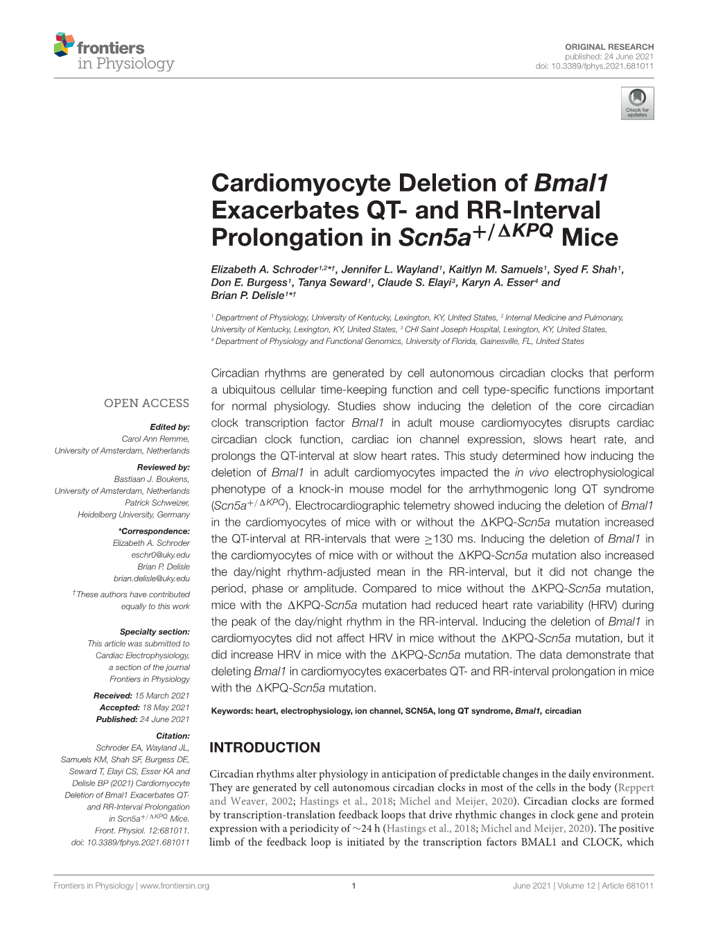 Cardiomyocyte Deletion of Bmal1 Exacerbates QT- and RR-Interval Prolongation in Scn5a+/1KPQ Mice