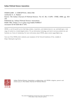 FEDERALISM : a CONCEPTUAL ANALYSIS Author(S): S