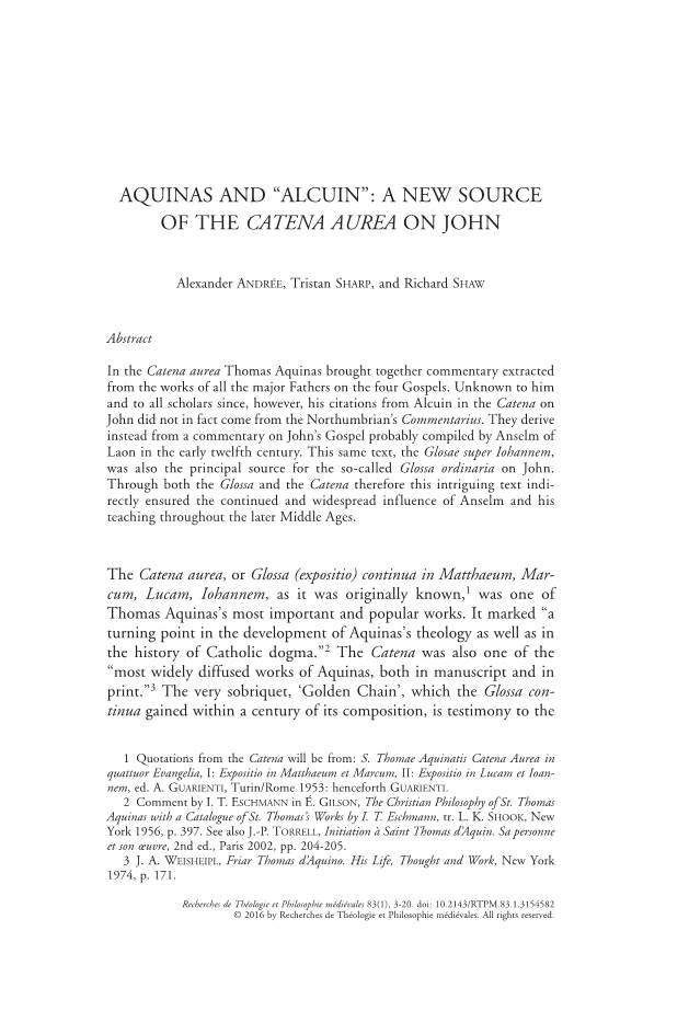 Aquinas and “Alcuin”: a New Source of the Catena Aurea on John