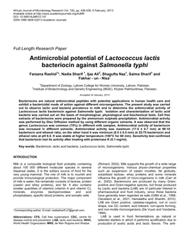 Antimicrobial Potential of Lactococcus Lactis Bacteriocin Against Salmonella Typhi
