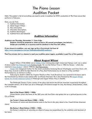 The Piano Lesson Audition Packet Hello