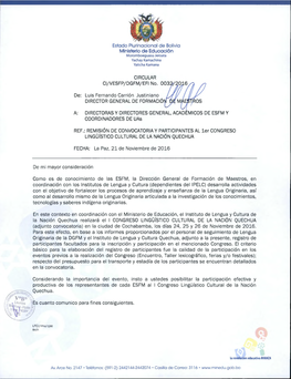 Estado Plurinacional De Bolivia Ministerio De Educación CIRCUI-AR Cl/VESFP/DGFIVI/EFI No. 003 De; Luis Fernando Carrión Justin
