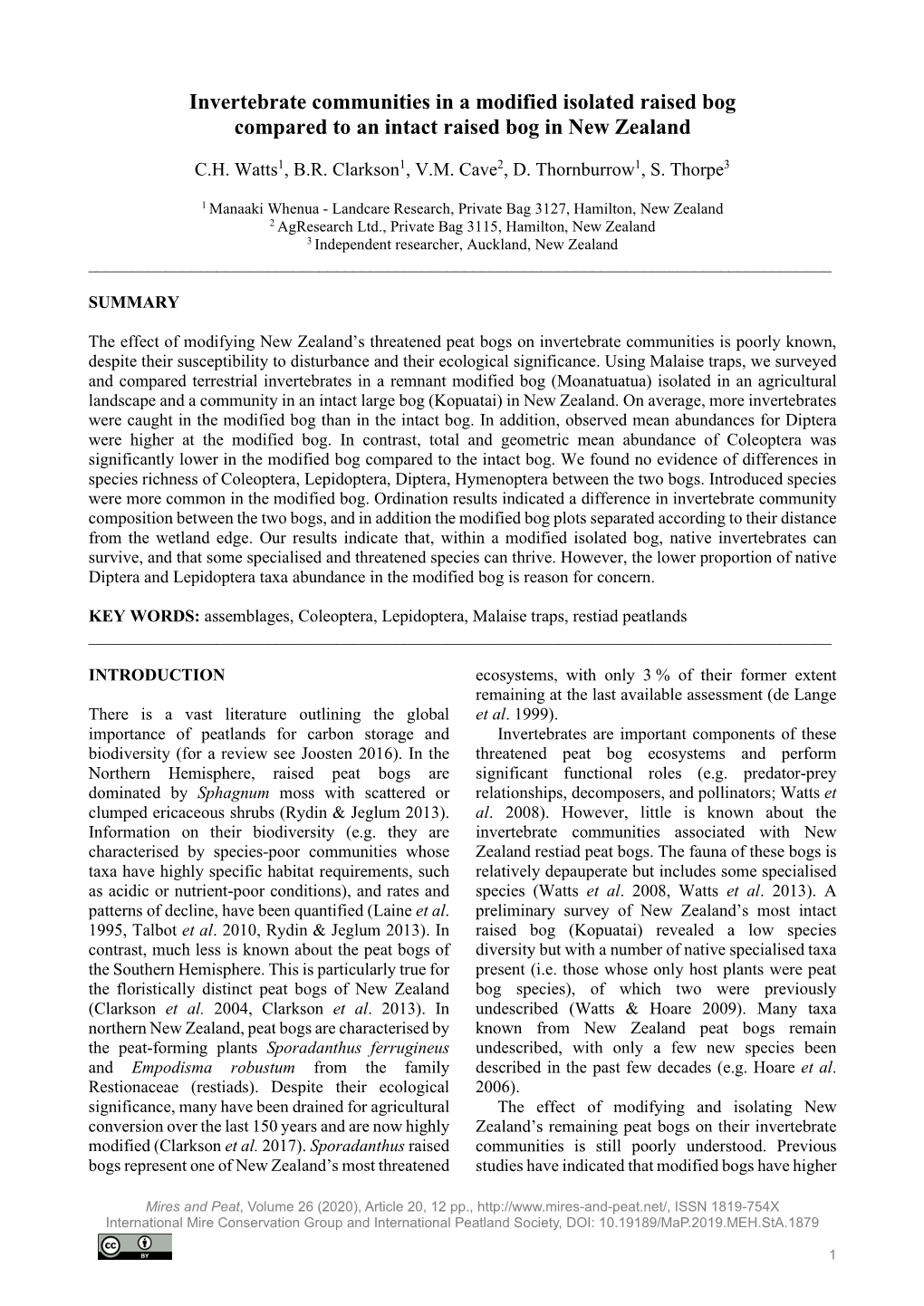 Invertebrate Communities in a Modified Isolated Raised Bog Compared to an Intact Raised Bog in New Zealand