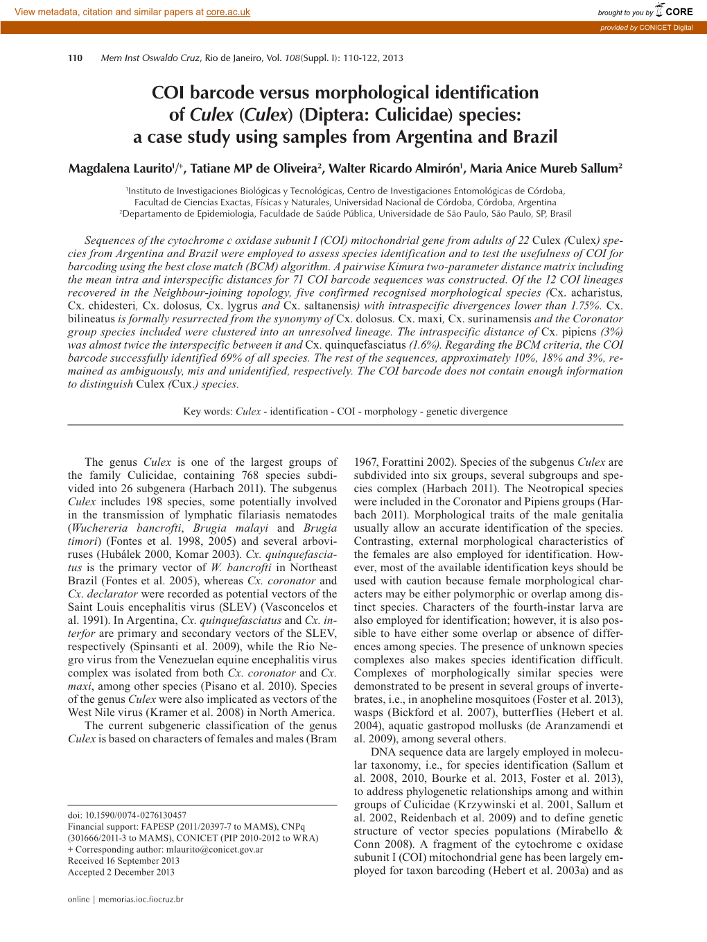 COI Barcode Versus Morphological Identification of Culex (Culex) (Diptera: Culicidae) Species: a Case Study Using Samples from Argentina and Brazil