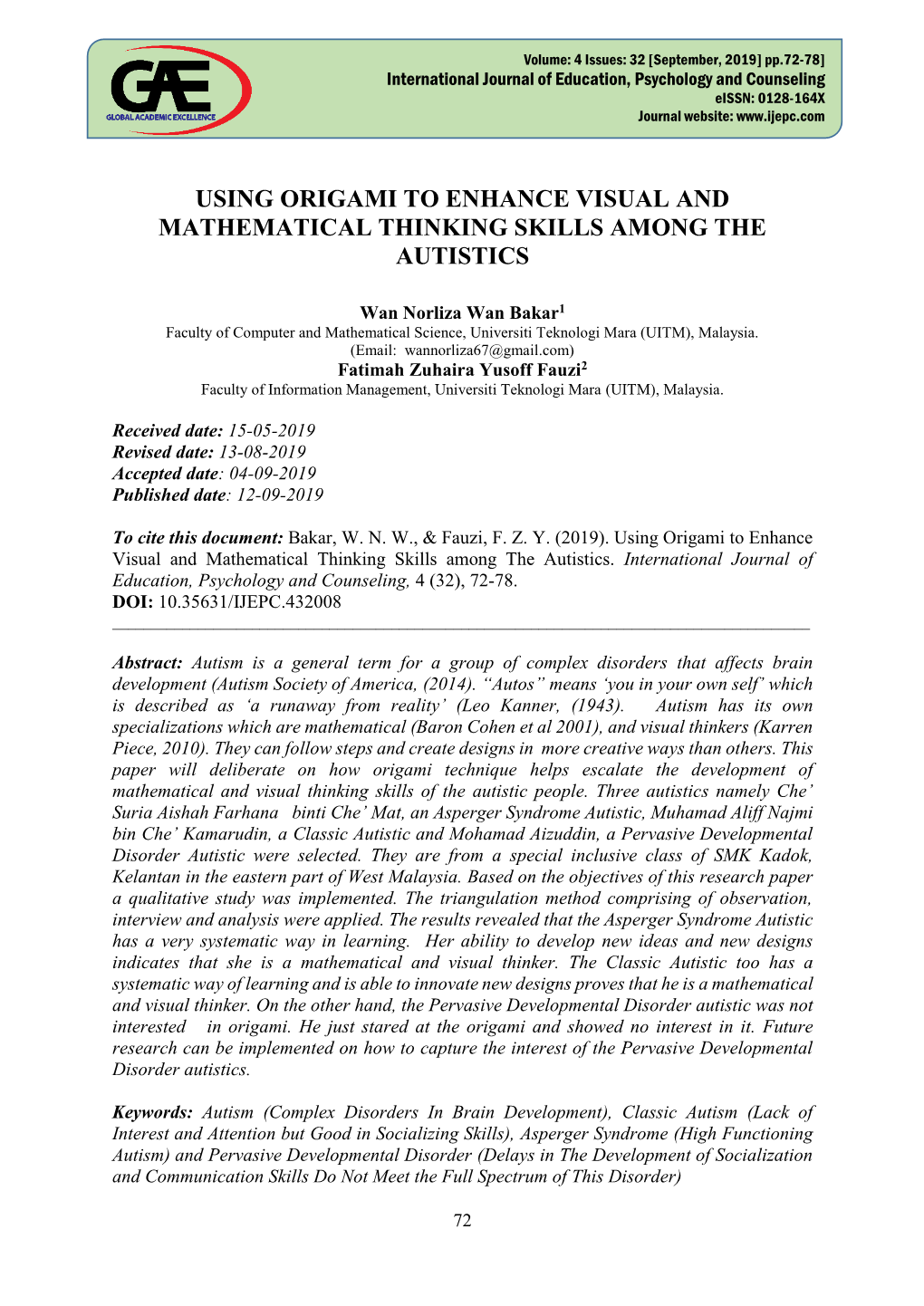 Using Origami to Enhance Visual and Mathematical Thinking Skills Among the Autistics