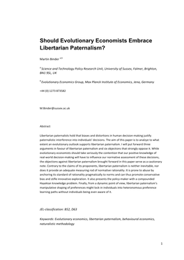 Should Evolutionary Economists Embrace Libertarian Paternalism?