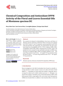 Chemical Composition and Antioxidant DPPH Activity of the Floral and Leaves Essential Oils of Montanoa Speciosa DC