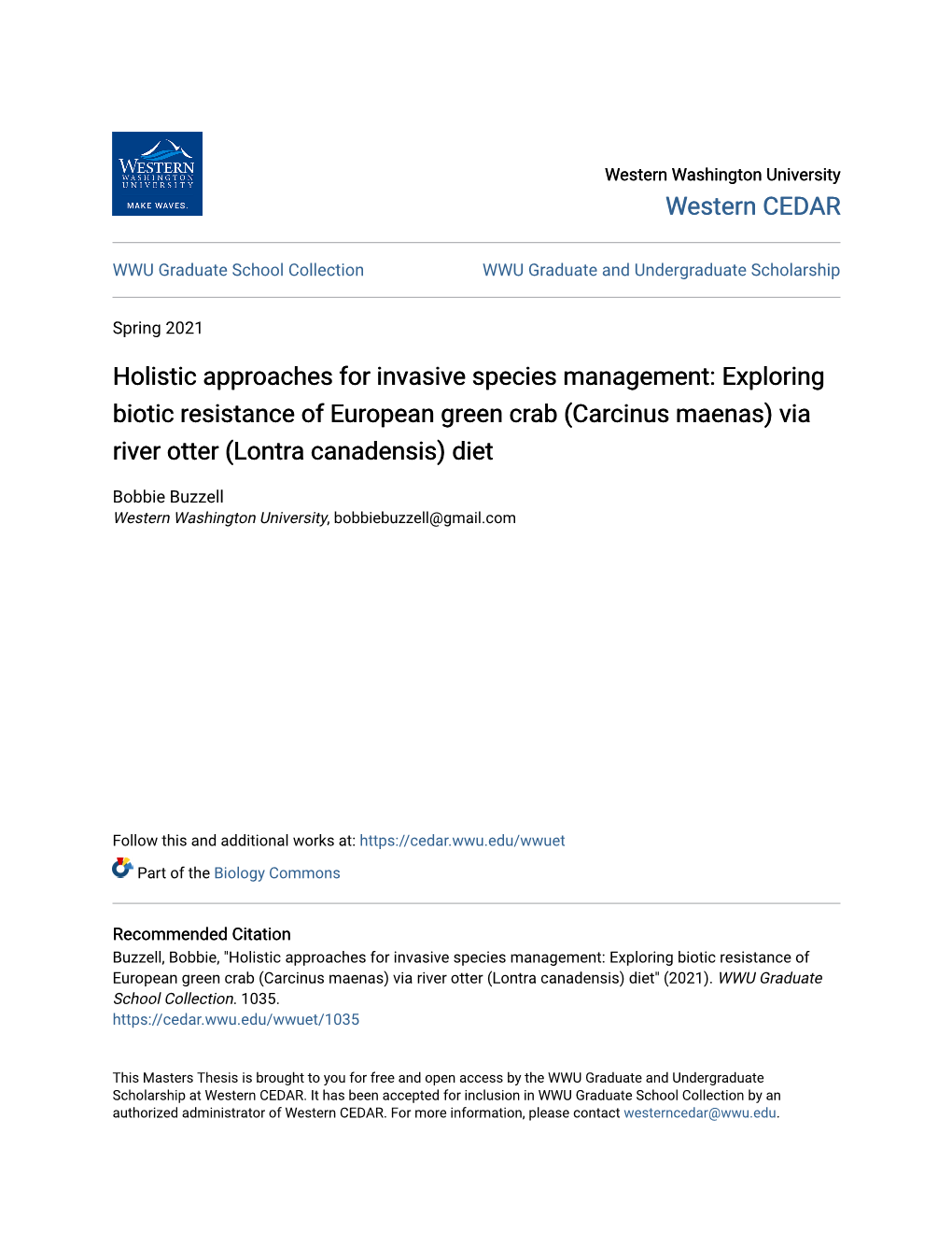 Exploring Biotic Resistance of European Green Crab (Carcinus Maenas) Via River Otter (Lontra Canadensis) Diet