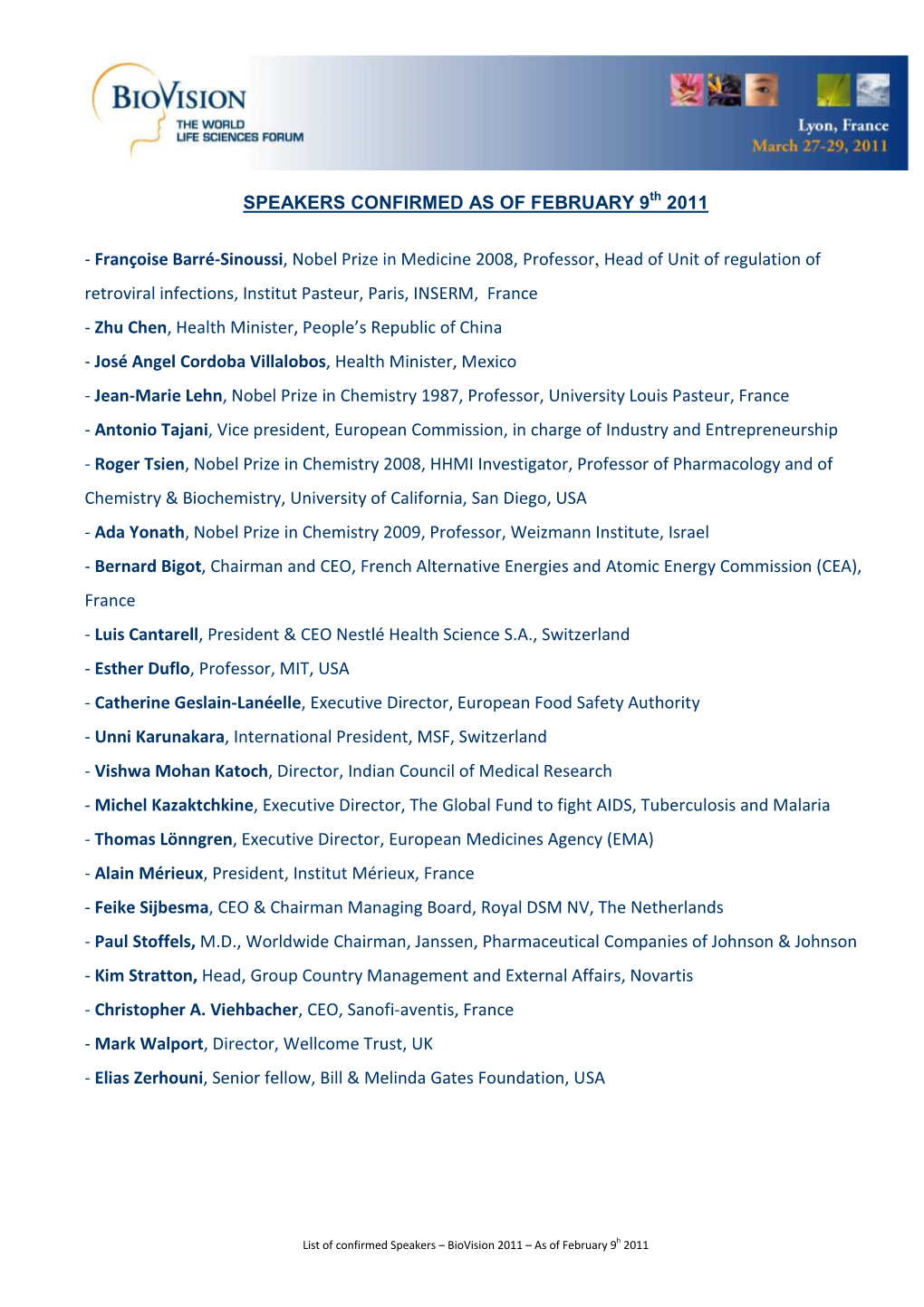 LIST of CONFIRMED SPEAKERS 9Th FEBRUARY