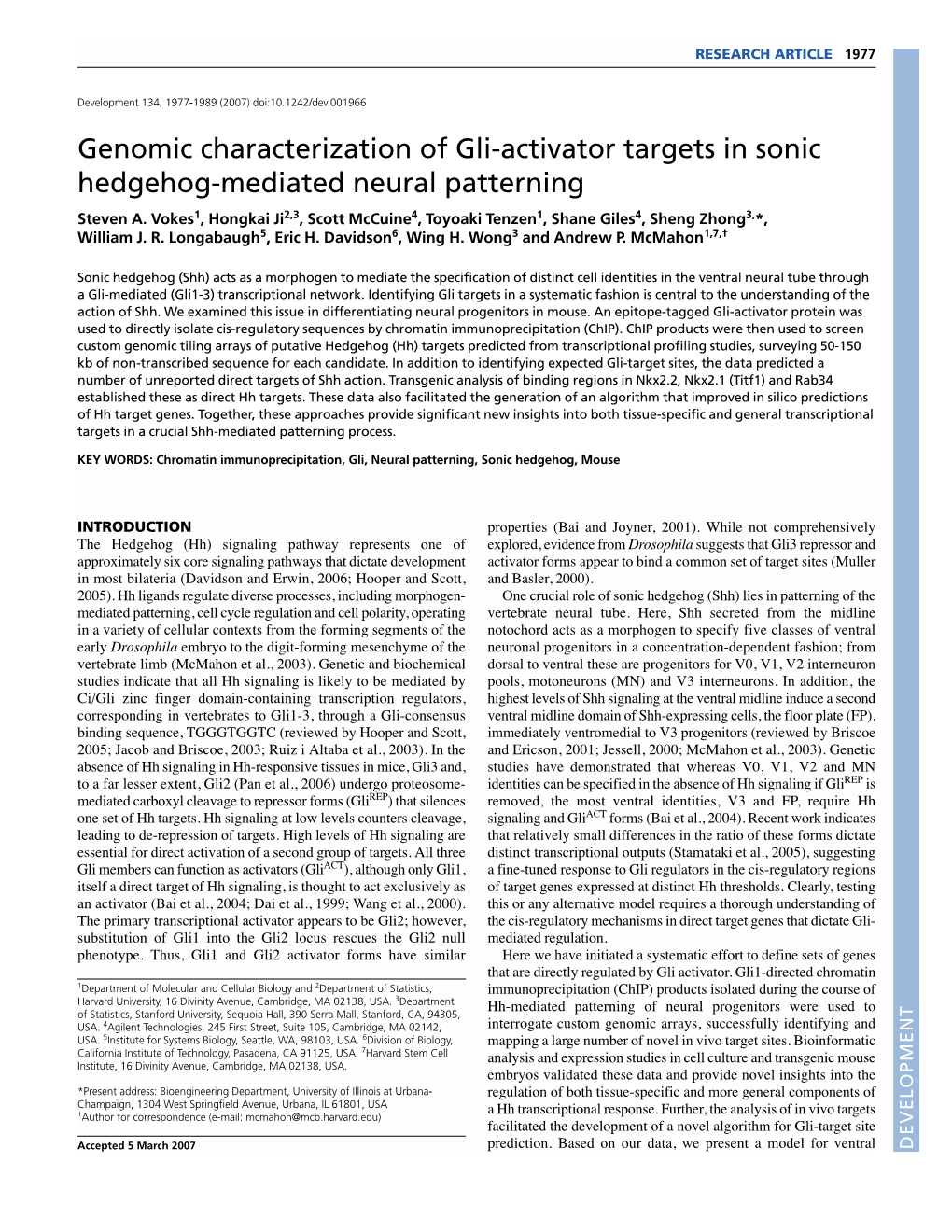 Genomic Characterization of Gli-Activator Targets in Sonic