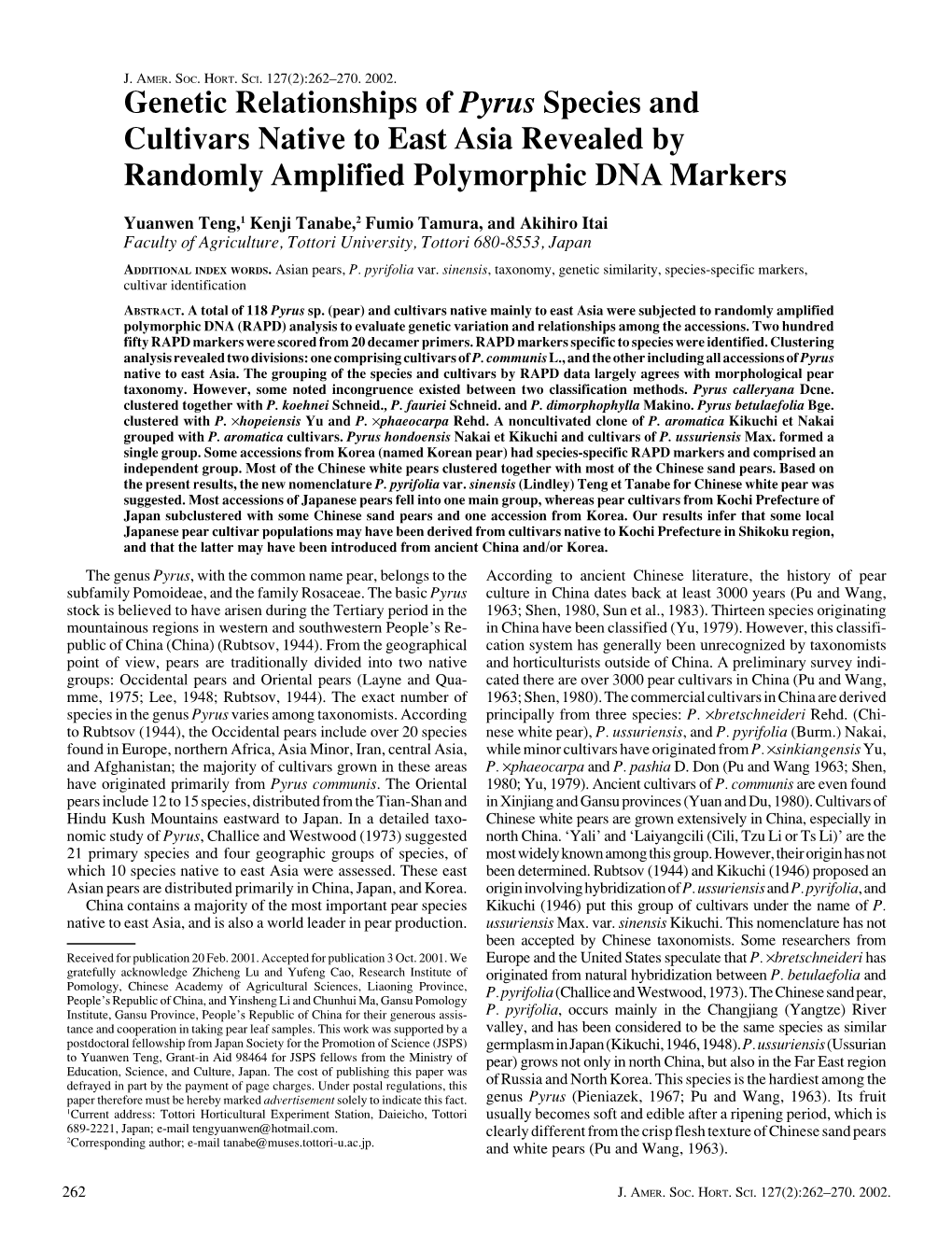 Genetic Relationships of Pyrus Species and Cultivars Native to East Asia Revealed by Randomly Amplified Polymorphic DNA Markers