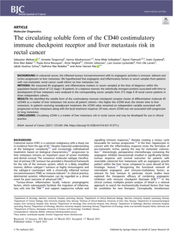 The Circulating Soluble Form of the CD40 Costimulatory Immune Checkpoint Receptor and Liver Metastasis Risk in Rectal Cancer