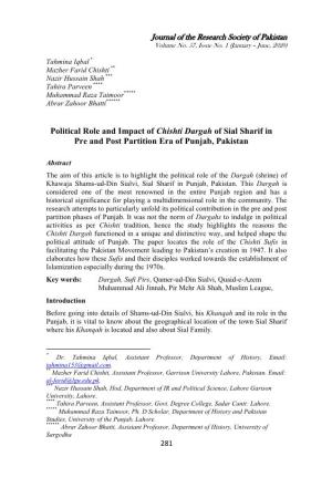 Political Role and Impact of Chishti Dargah of Sial Sharif in Pre and Post Partition Era of Punjab, Pakistan