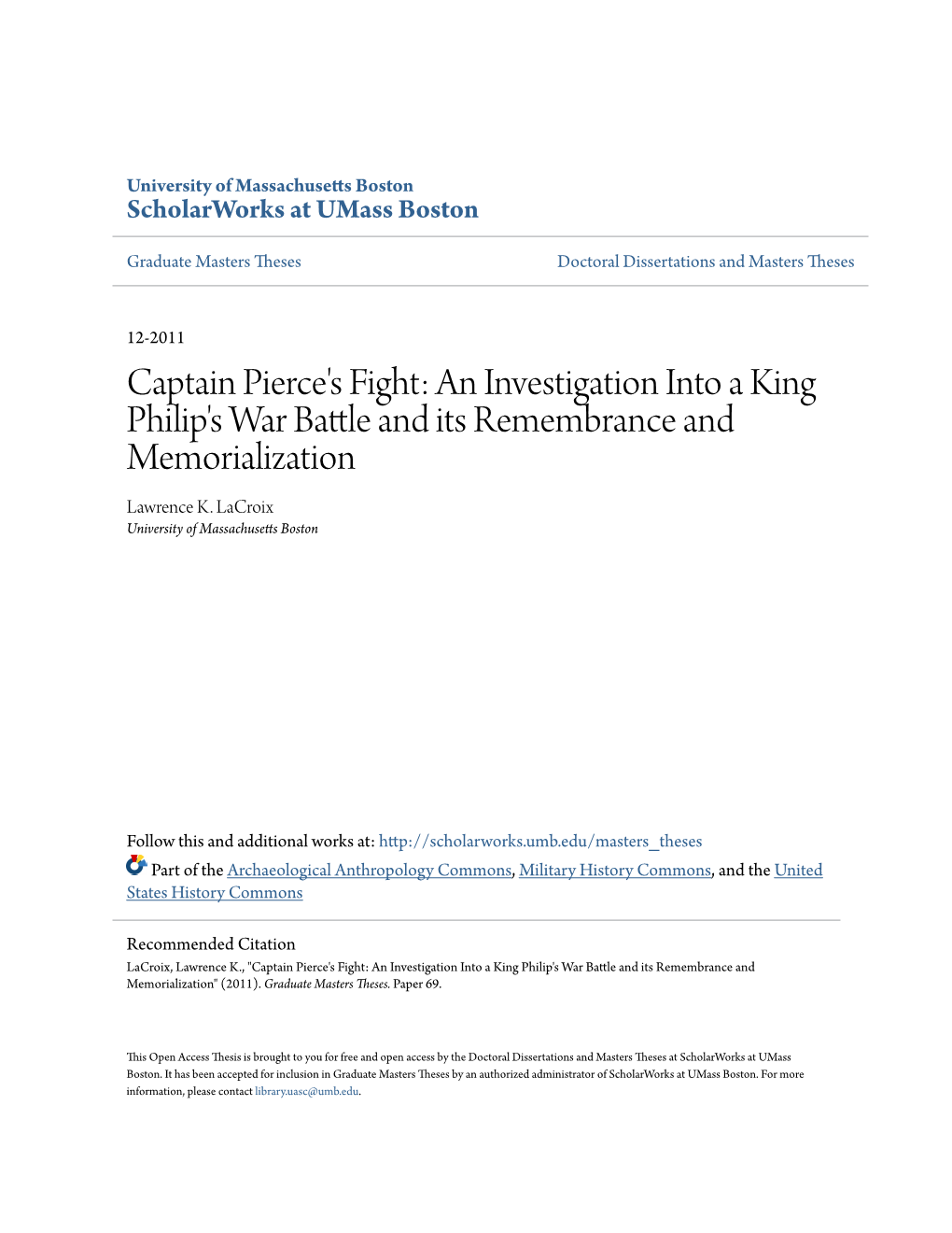 Captain Pierce's Fight: an Investigation Into a King Philip's War Battle Nda Its Remembrance and Memorialization Lawrence K