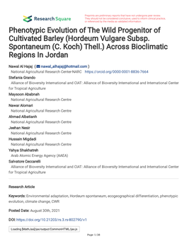 (Hordeum Vulgare Subsp. Spontaneum (C. Koch) Thell.) Across Bioclimatic Regions in Jordan