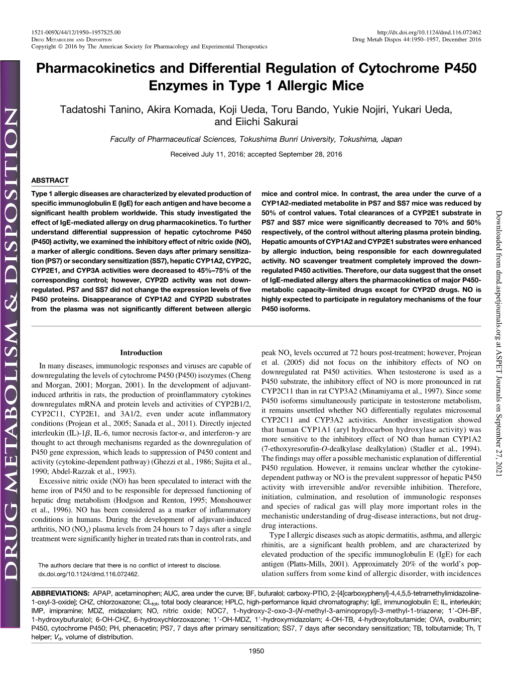 Pharmacokinetics and Differential Regulation of Cytochrome P450 Enzymes in Type 1 Allergic Mice