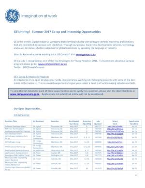 GE's Hiring! Summer 2017 Co-Op and Internship