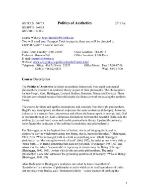 Politics of Aesthetics 2011 Fall GS/SPTH 6648.3 GS/CMCT 6336.3