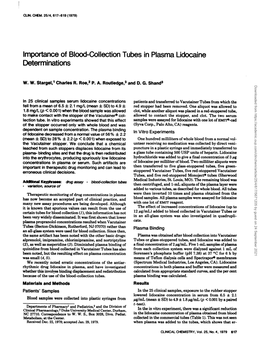 Importance of Blood-Collectiontubes in Plasma Lidocaine Determinations