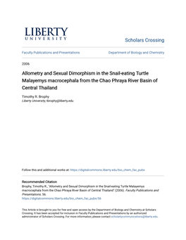 Allometry and Sexual Dimorphism in the Snail-Eating Turtle Malayemys Macrocephala from the Chao Phraya River Basin of Central Thailand