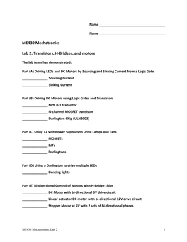 ME430 Mechatronics Lab 2: Transistors, H-Bridges, and Motors