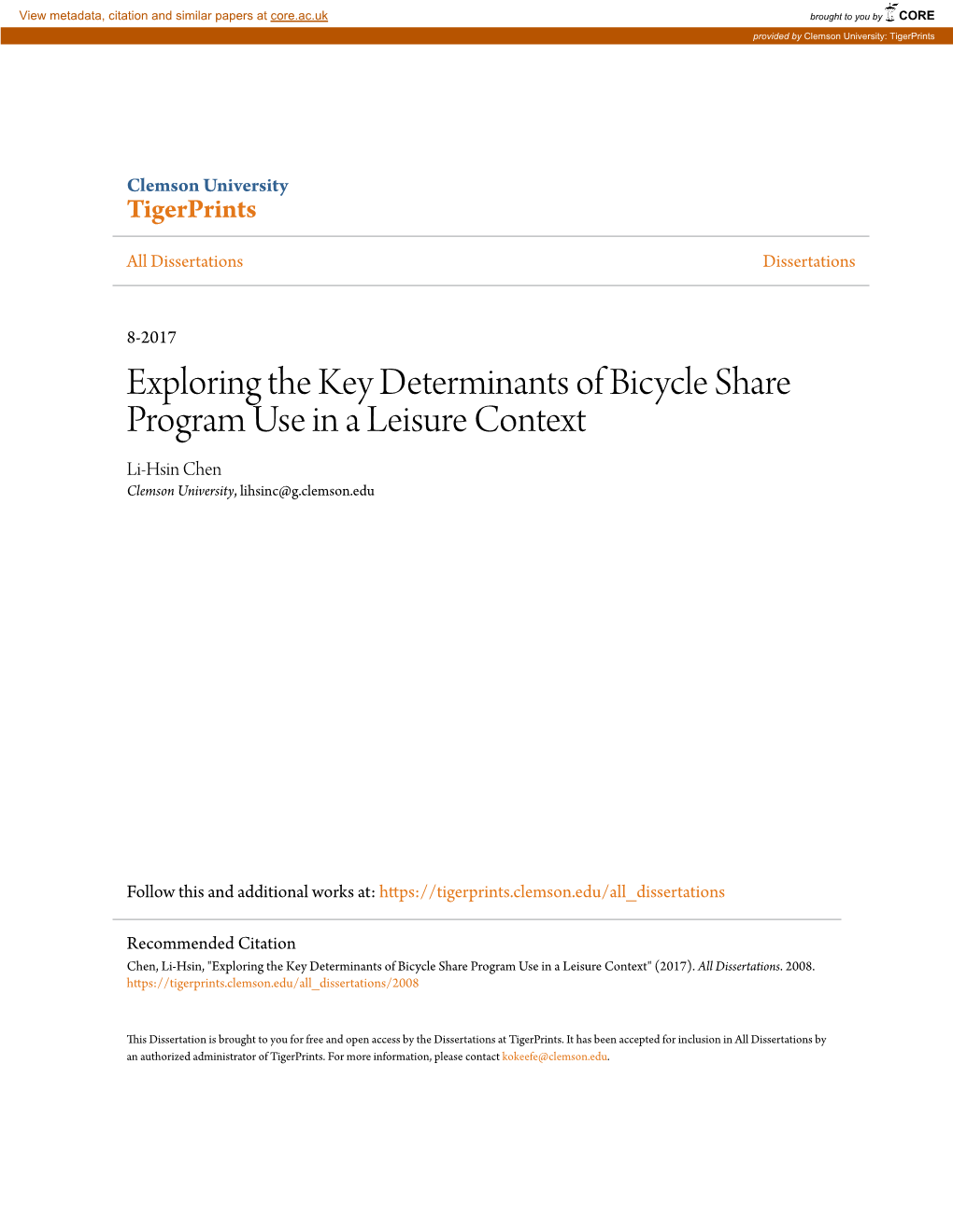 Exploring the Key Determinants of Bicycle Share Program Use in a Leisure Context Li-Hsin Chen Clemson University, Lihsinc@G.Clemson.Edu