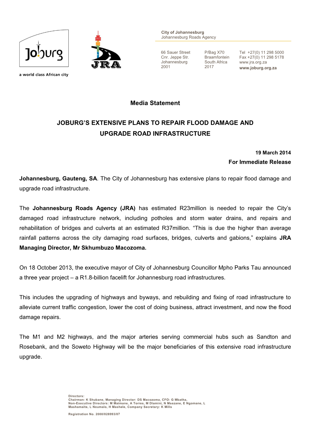 Media Statement JOBURG's EXTENSIVE PLANS to REPAIR