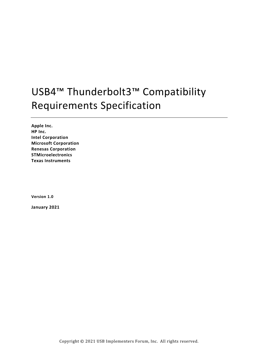 USB4™ Thunderbolt3™ Compatibility Requirements Specification