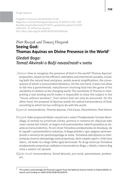 Seeing God: Thomas Aquinas on Divine Presence in the World1 Gledati Boga: Tomaž Akvinski O Božji Navzočnosti V Svetu